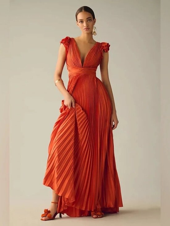 Mac Duggal Dresses & Skirts - Mac Duggal Orange Pleated Corset Lace Up Back Ruffle Gown Size 4